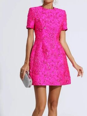 Pink Embellished Short Sleeve Cocktail Dress